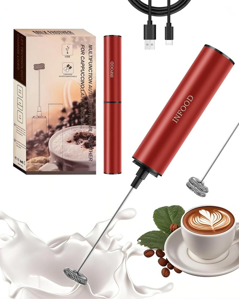 INFOOD Milk Frother Rechargeable with Cover - Coffee Frother Wand, Drink Mixer Handheld with 2 Detachable Stainless Whisks 2 Speed Adjustable for Latte, Cappuccino, Hot Chocolate, Egg, Red - Image 1